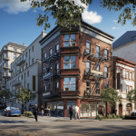 Mixed-use facade architecture with modern residential apartments, retail storefronts, and contemporary exterior materials in an urban streetscape
