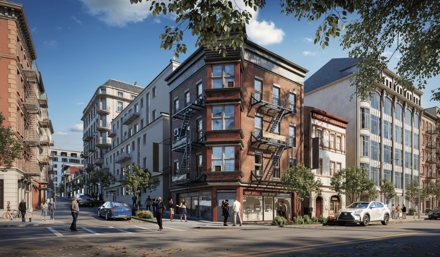 Mixed-use facade architecture with modern residential apartments, retail storefronts, and contemporary exterior materials in an urban streetscape