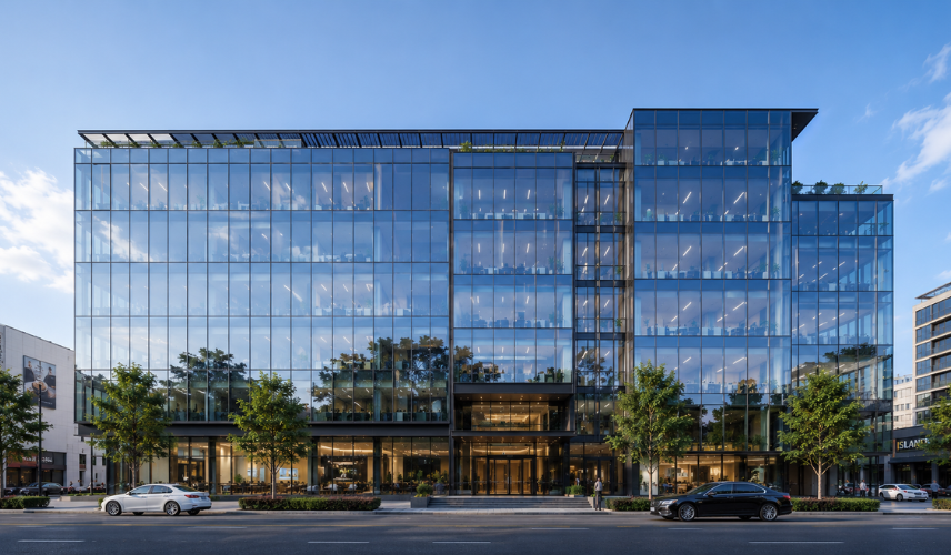 Modern office building featuring Glass Facade Architecture with reflective curtain wall glazing and contemporary urban design