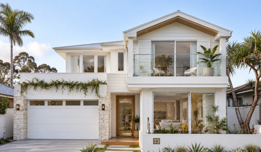 Modern Coastal House Facade Design with timber accents, neutral colors, and large windows in an Australian beachside home