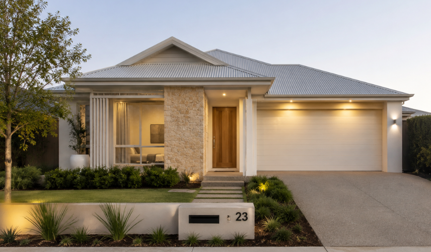 3D rendering showing a cohesive home facade design where the gable roofline and Modern Farmhouse cladding style are architecturally aligned