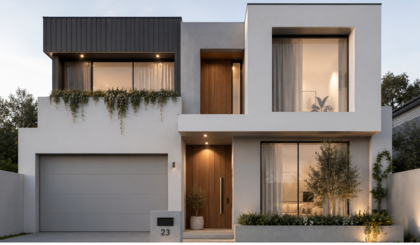 Single storey house facade ideas – modern minimalist rendered exterior with charcoal cladding, timber entry door and floor-to-ceiling glazing, Toorak VIC
