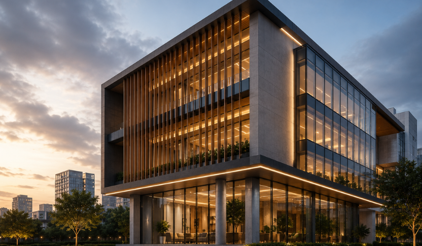 Modern facade architecture design featuring glass curtain walls, vertical louvers, and sustainable exterior materials in a contemporary office building