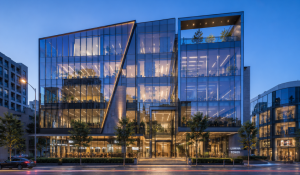 Contemporary mixed-use building with dramatic angular Glass Facade Architecture and illuminated curtain wall glazing at dusk