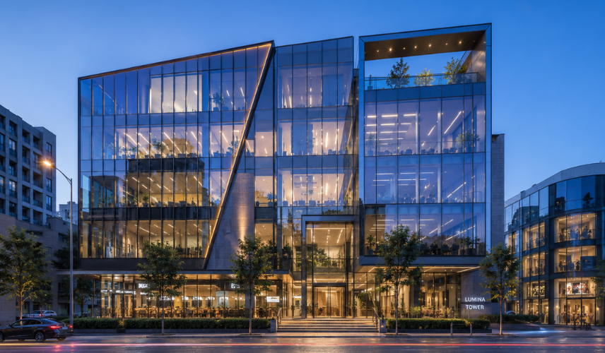 Contemporary mixed-use building with dramatic angular Glass Facade Architecture and illuminated curtain wall glazing at dusk