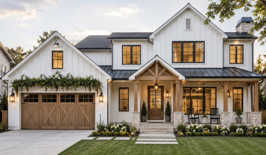Modern Farmhouse House Facade Design with gable roof, vertical cladding, and warm timber textures