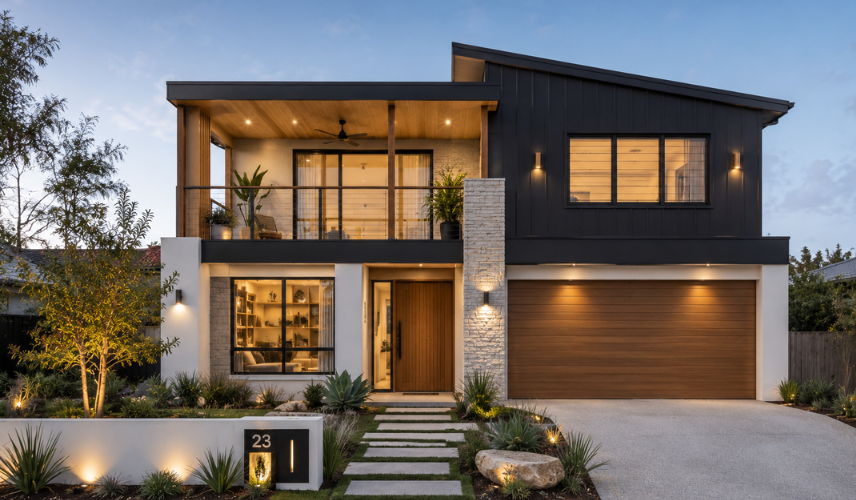 Photorealistic 3D render of a coastal Australian home facade design using marine-grade cladding, wide eaves, and corrosion-resistant finishes suited to salt air conditions