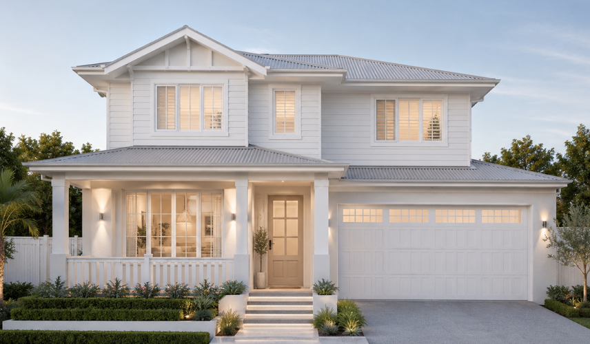 Single storey house facade ideas – Hamptons coastal style with white weatherboard cladding, covered veranda, gabled roof and manicured front garden, Mosman Park WA