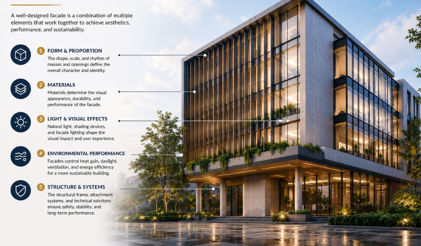 Key components of facade architecture featuring modern glass facade design, vertical fins, sustainable materials, and exterior lighting in a contemporary office building