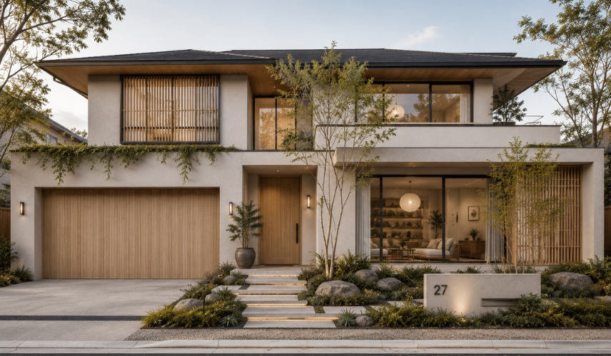 Japandi House Facade Design with minimalist architecture, timber finishes, and neutral color palette