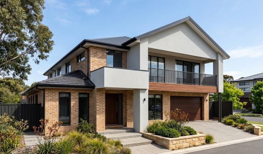 Single storey house facade ideas – mixed material brick and render exterior with black window frames, timber garage door and native front landscaping, Mawson Lakes SA