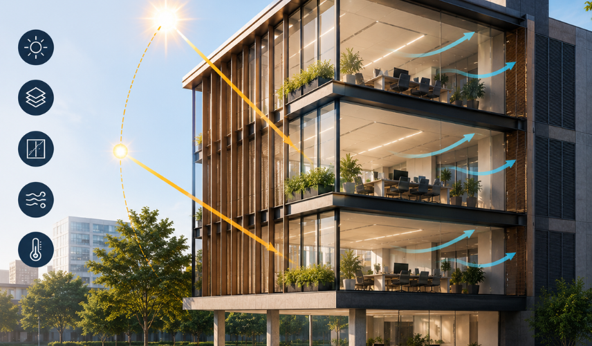 Facade architecture designed to optimize natural light and indoor temperature using glass facades, shading systems, and passive ventilation strategies