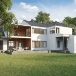 Comparison of 2D floor plan and photorealistic 3D house facade visualiser render