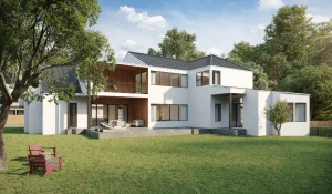Comparison of 2D floor plan and photorealistic 3D house facade visualiser render