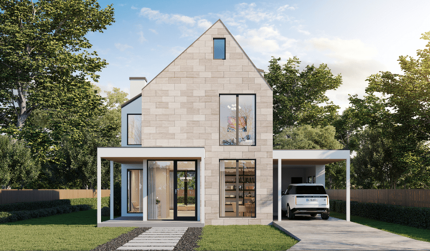 Photorealistic 3D rendering showing defining features of a modern house facade — geometric forms, minimal trim, and mixed concrete and timber materials