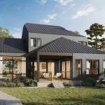 Dusk 3D exterior rendering of an Australian home facade design with layered outdoor lighting including wall sconces, material uplights, and path lighting at the entry