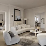 Modern neutral living room in 3D apartment renders with elegant furniture and soft lighting