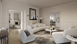 Modern neutral living room in 3D apartment renders with elegant furniture and soft lighting