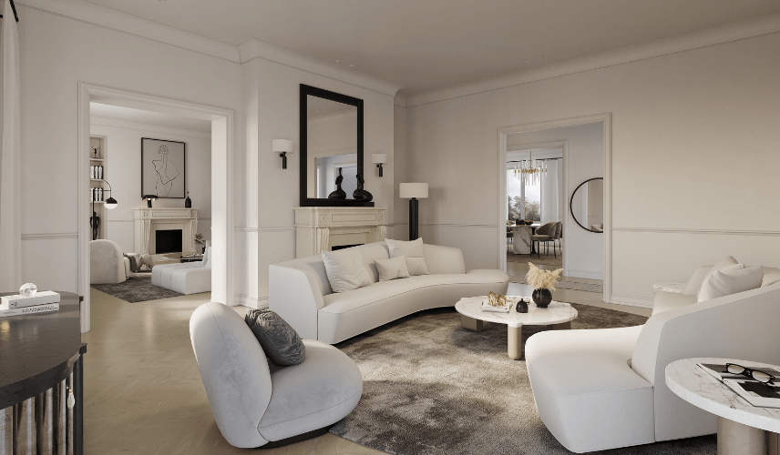 Modern neutral living room in 3D apartment renders with elegant furniture and soft lighting