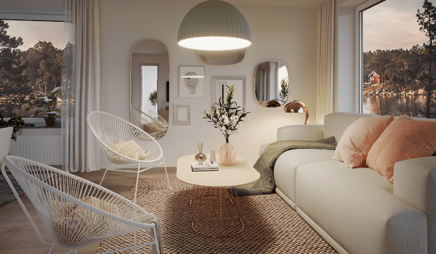 Bright and cozy living room in 3D apartment renders with modern furniture and natural lighting