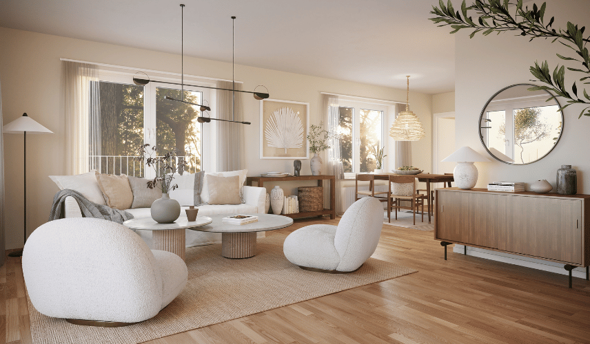 Modern 3D apartment renders showcasing exterior design, lighting, and realistic materials