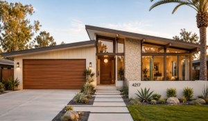 Mid-Century Modern House Facade Design with horizontal lines, large glazing, and natural materials