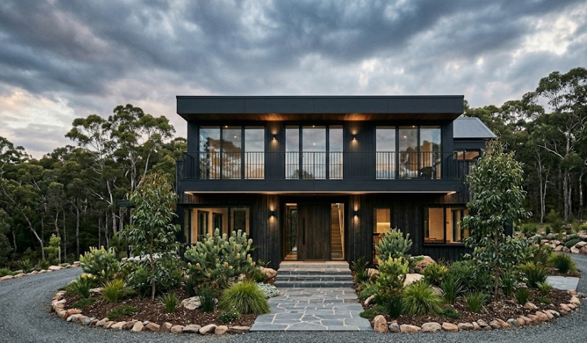 Single storey house facade ideas – dark dramatic charcoal timber cladding with large glazing panels, timber soffit accents and native bush garden, Kangaroo Valley NSW