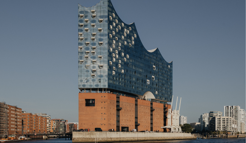 Elbphilharmonie concert hall with curved Glass Facade Architecture overlooking Hamburg waterfront