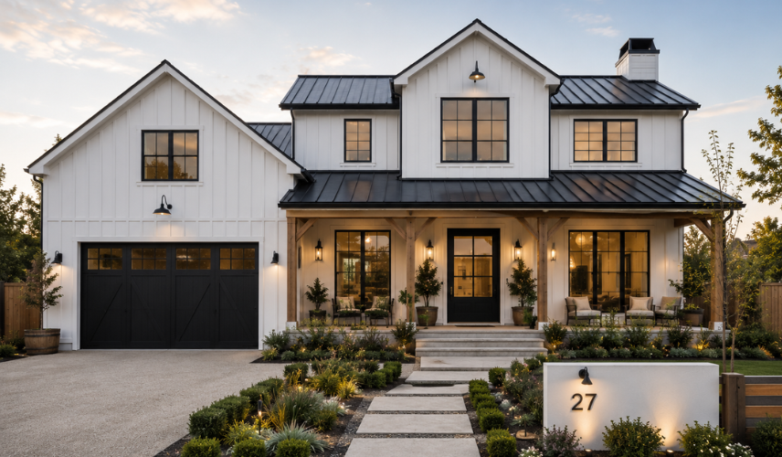 Barn Style House Facade Design with dark cladding, sharp rooflines, and oversized windows