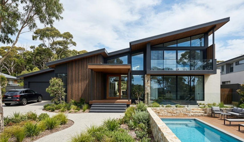 Single storey house facade ideas – contemporary skillion roof with dark Colorbond cladding, structural steel framing, rich timber battens and pool terrace, Barwon Heads VIC