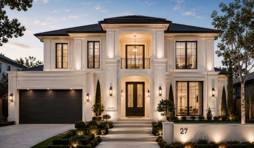 Modern Classical House Facade Design with symmetrical architecture, stone detailing, and arched windows