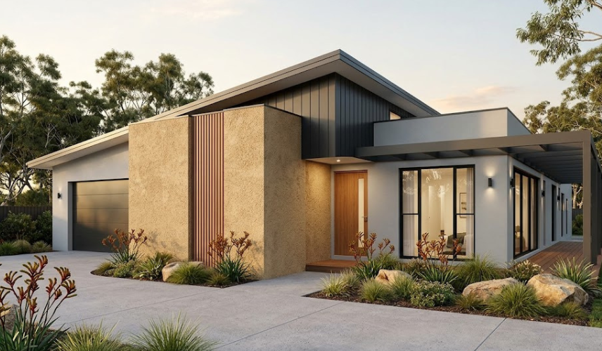 Single storey house facade ideas – textured aggregate render feature wall with dark Colorbond skillion roof, timber screening entry and native low-water landscaping, Doncaster VIC