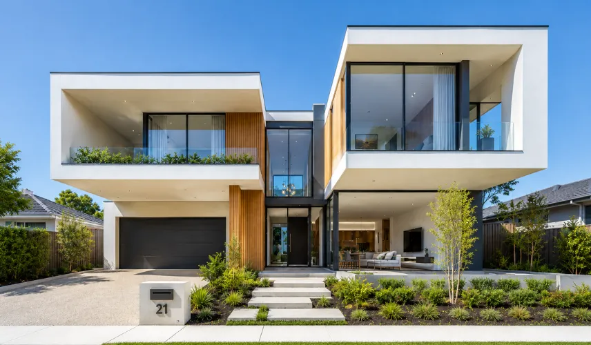 Modern house facade featuring dramatic cantilevered upper floor volume in contrasting cladding material — 3D exterior rendering by MR Rendering
