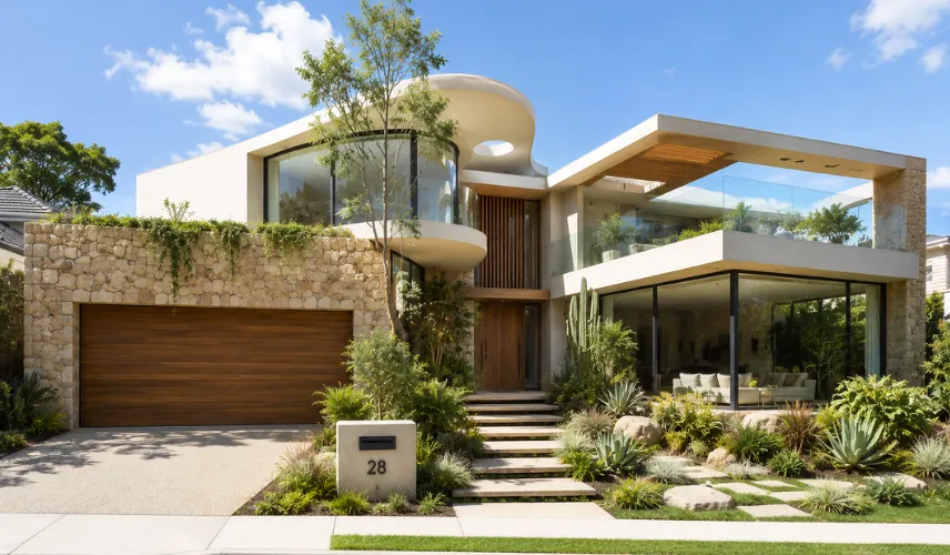 Modern house facade with earthy terracotta and warm sand tones combined with natural timber cladding — 3D exterior rendering 2026
