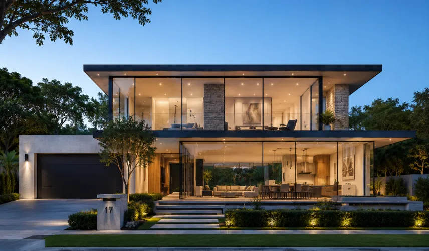 Modern house facade with large frameless floor-to-ceiling glass windows creating indoor-outdoor visual connection — 3D exterior rendering