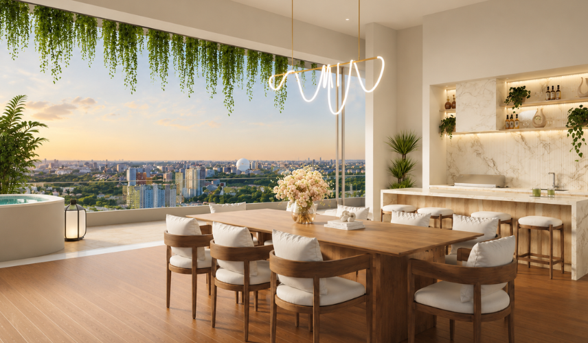 Photorealistic dining room render of a luxury penthouse with floor-to-ceiling glass, timber table, and city skyline view at golden hour by MR Rendering Studio