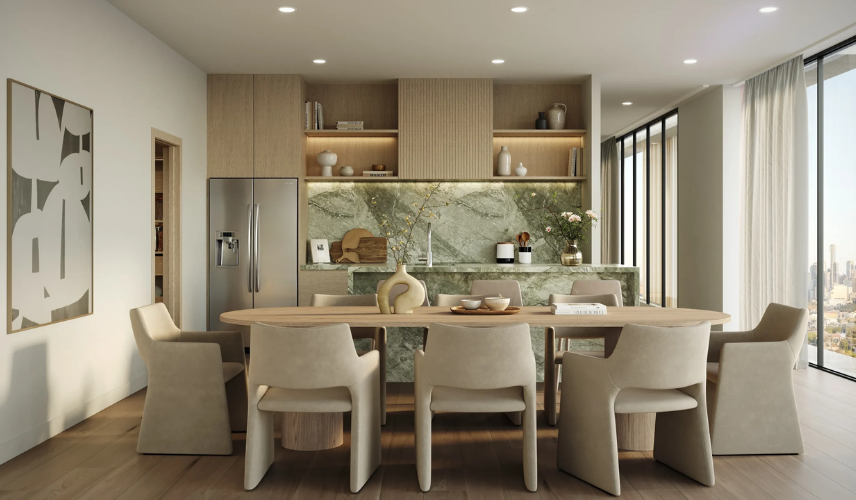 Japandi dining room render with oval light-wood table, beige upholstered chairs, green marble kitchen island, and soft recessed lighting by MR Rendering Studio