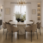 Neoclassical dining room render with round white marble table, taupe velvet chairs, brass chandelier, and polished concrete floor by MR Rendering Studio