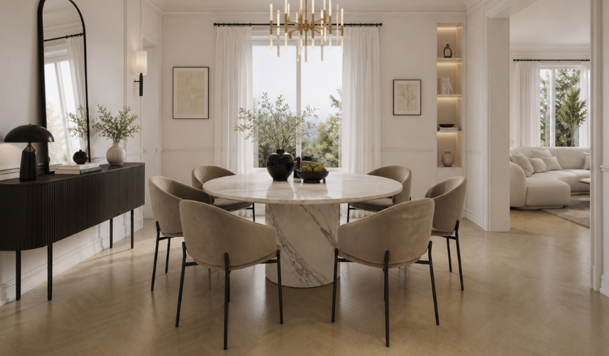 Neoclassical dining room render with round white marble table, taupe velvet chairs, brass chandelier, and polished concrete floor by MR Rendering Studio