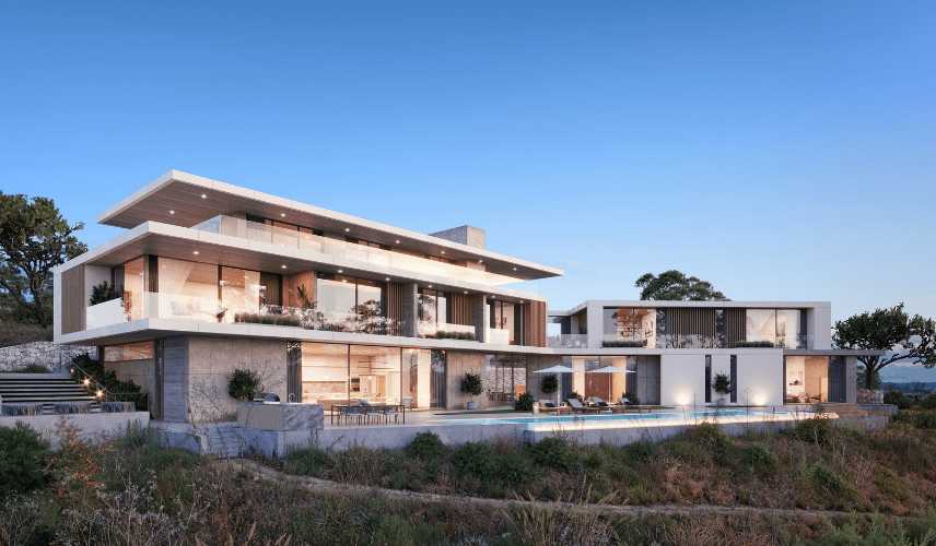 Photorealistic 3D exterior rendering of a luxury residential villa produced by MR Rendering Studio