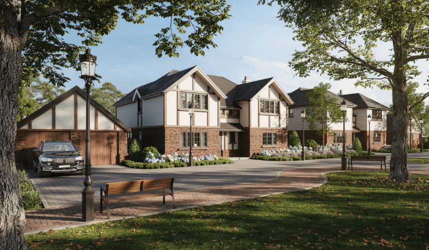Photorealistic 3D architectural rendering of a modern luxury villa exterior showing façade, landscaping, and natural lighting — produced by MR Rendering Studio