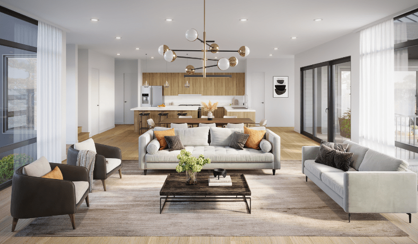Photorealistic 3D interior rendering of a high-end apartment living room showing the five elements of realistic architectural rendering