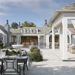 Photorealistic 3D exterior rendering of a complex mixed-use development with dense landscaping, people, and vehicles — illustrating how building complexity and level of detail affect how much 3D rendering costs