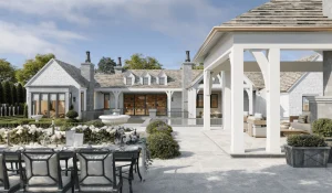 Photorealistic 3D exterior rendering of a complex mixed-use development with dense landscaping, people, and vehicles — illustrating how building complexity and level of detail affect how much 3D rendering costs