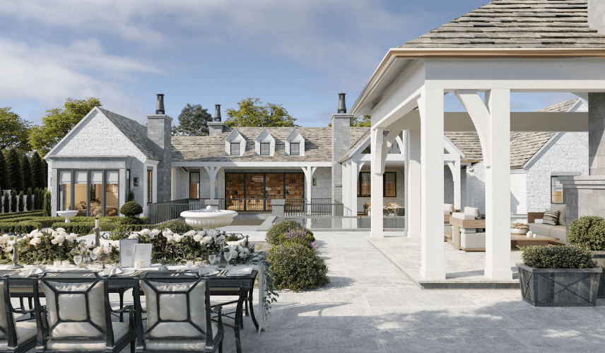 Photorealistic 3D exterior rendering of a complex mixed-use development with dense landscaping, people, and vehicles — illustrating how building complexity and level of detail affect how much 3D rendering costs