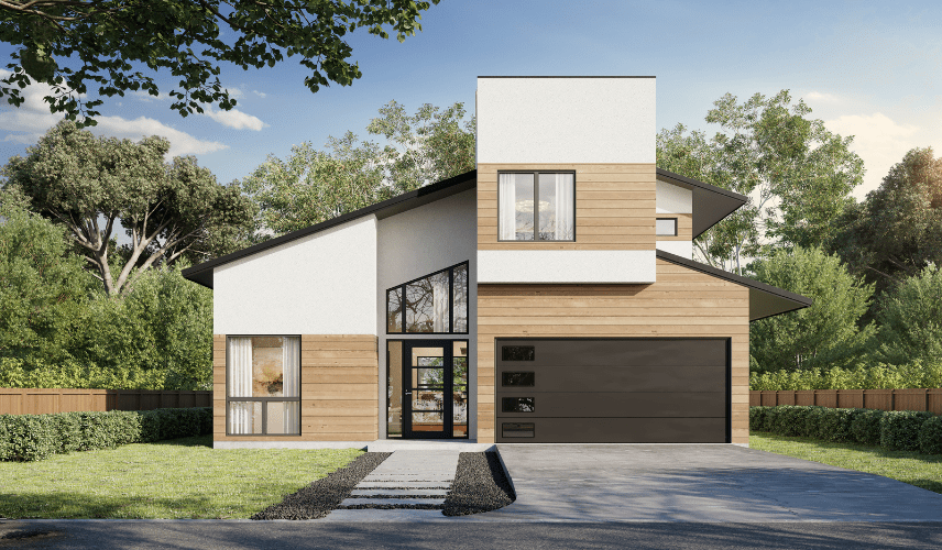 Photorealistic 3D exterior rendering of a modern villa façade with landscaping and dusk lighting, an example of one of the main types of 3D architectural rendering