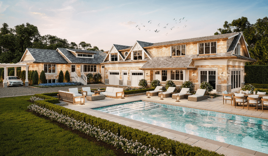 Photorealistic 3D exterior rendering of a modern residential villa in an autumn setting with consistent lighting, natural landscaping, atmospheric depth, and correctly dressed figures