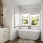 3D bathroom rendering showcasing reflective materials, natural lighting, and a compact bathroom layout