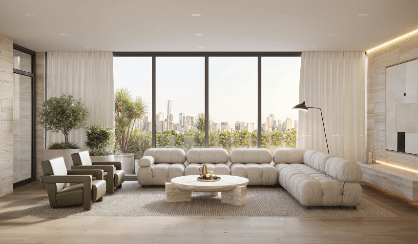 Photorealistic 3D interior rendering of a contemporary living room with furniture, lighting, and material finishes