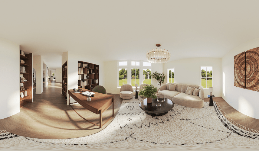 First-person interior view from a 3D virtual tour of a residential apartment, illustrating how much a 3D virtual tour costs based on the number of viewpoints and space complexity
